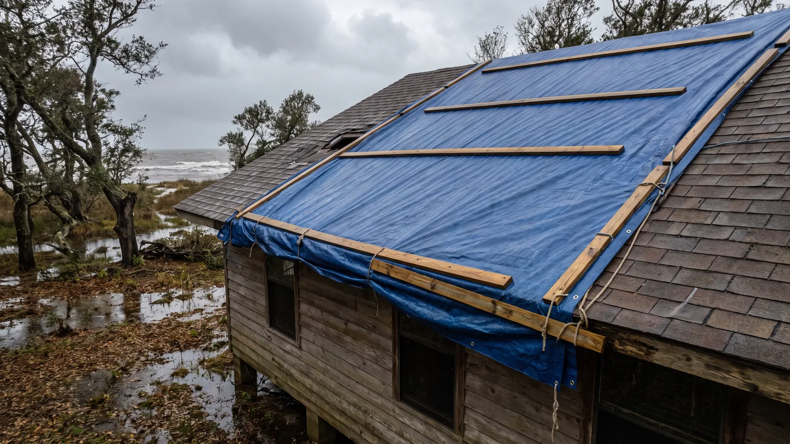 Heavy blue emergency tarp battened down with timber strips across the damaged slope of a coastal Mississippi house roof under a grey sky