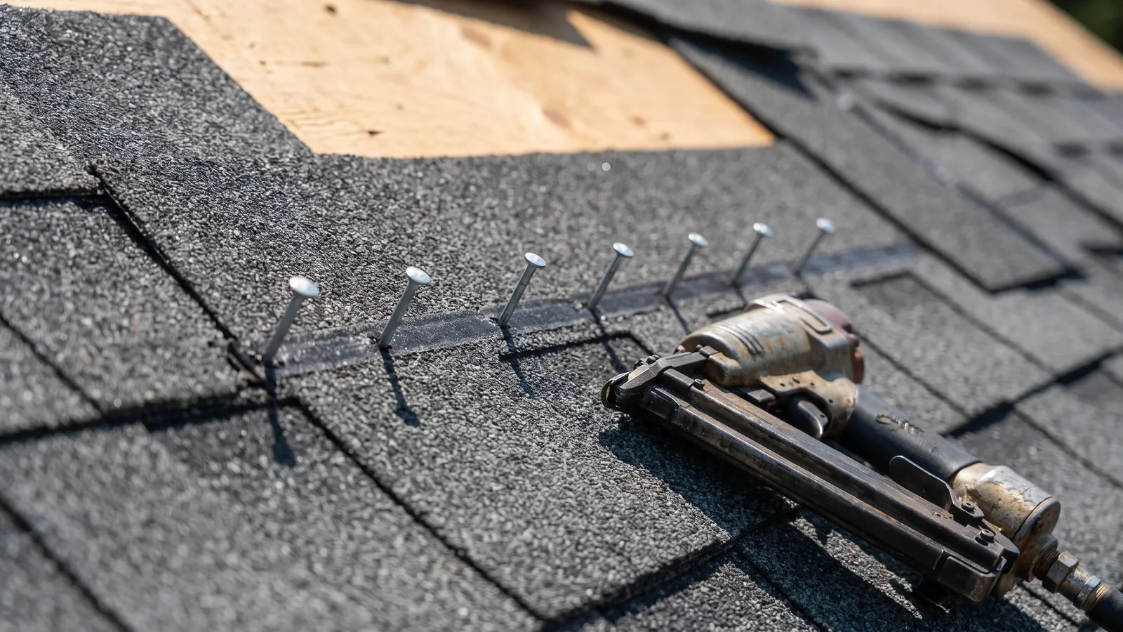 Close-up of architectural asphalt shingles being nailed down with six fasteners across the nailing strip, roofing nailer resting on the course below