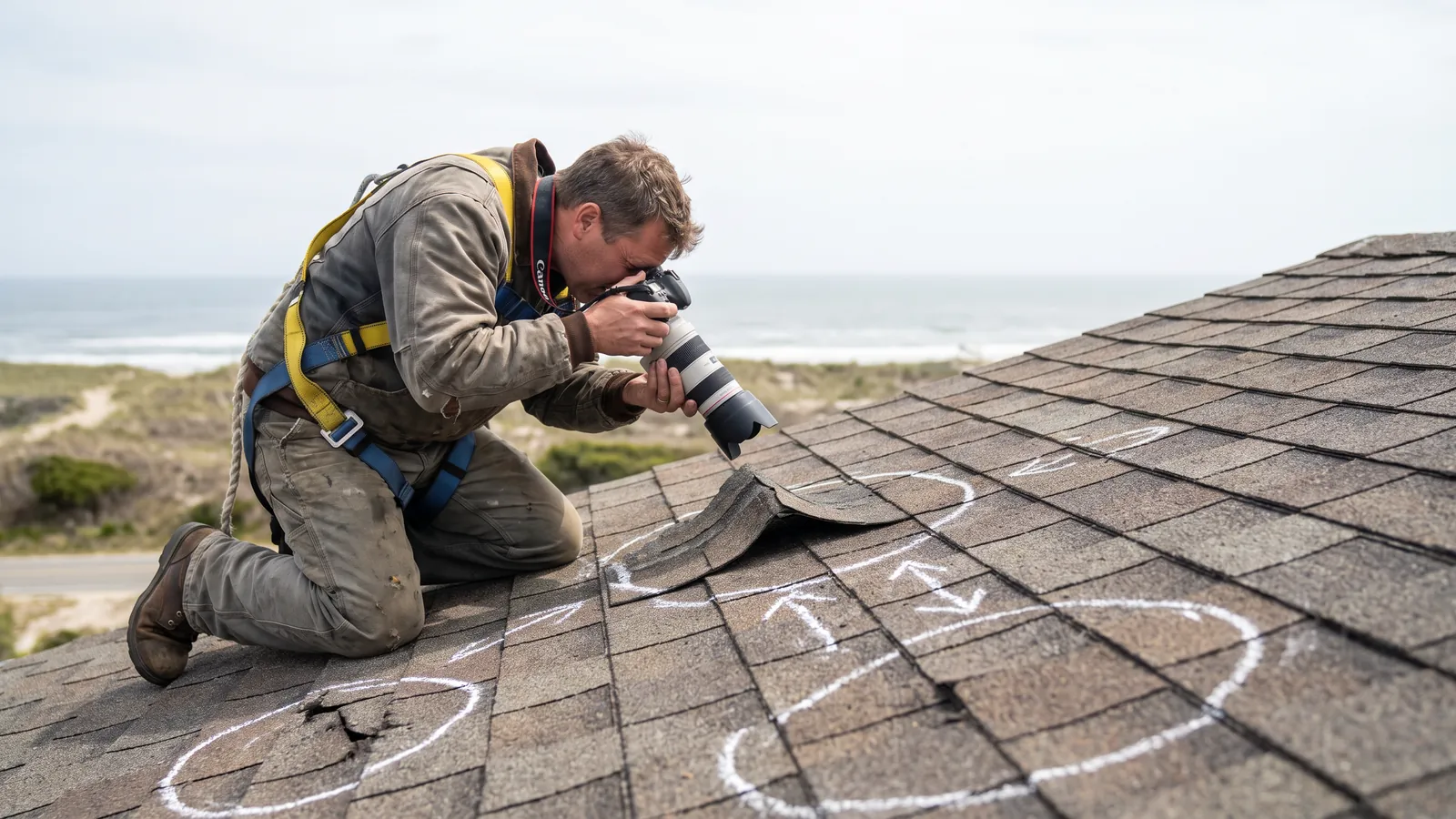 A roof inspector kneeling on a shingle slope photographing lifted and creased shingles with a handheld camera, chalk marks beside the damage