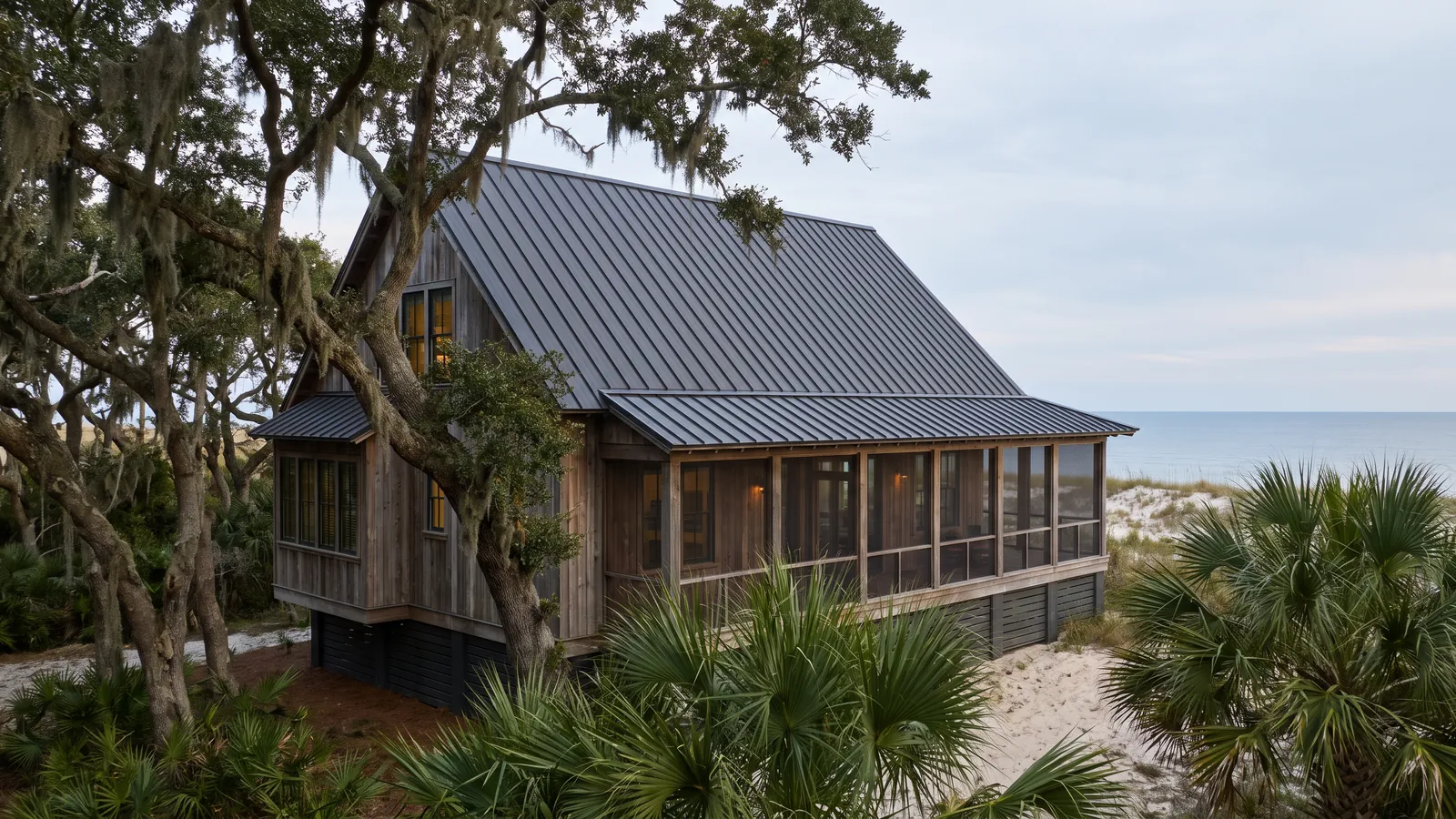 A dark standing-seam metal roof on a raised coastal Mississippi home, clean vertical seams running to the ridge with the Gulf horizon behind