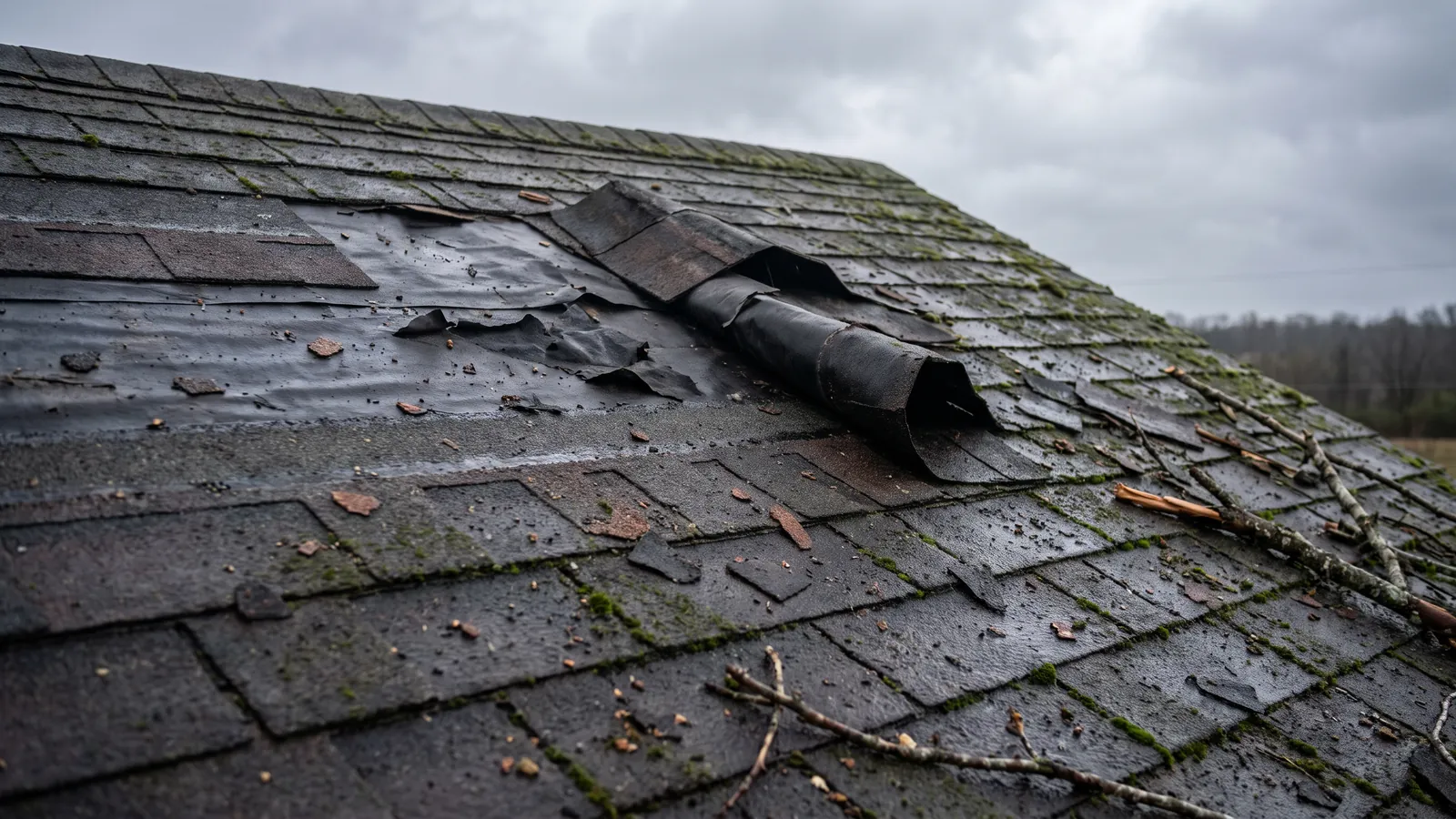 Section of an asphalt shingle roof with shingles lifted and torn away by wind, exposed underlayment and scattered debris across the remaining courses